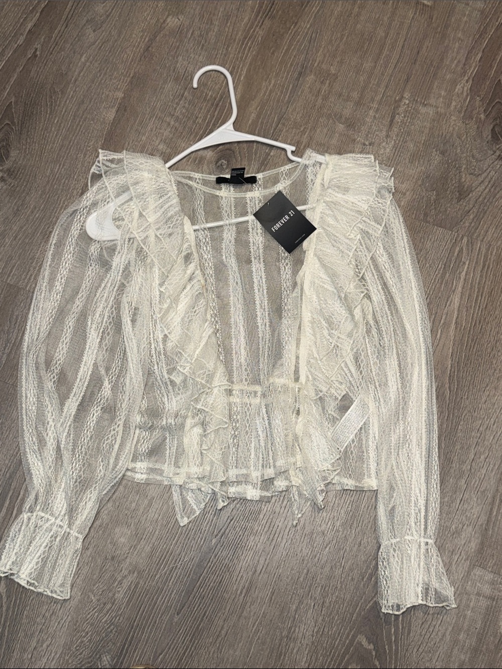 Forever 21 Cream Ruffle Sheer Mesh Blouse